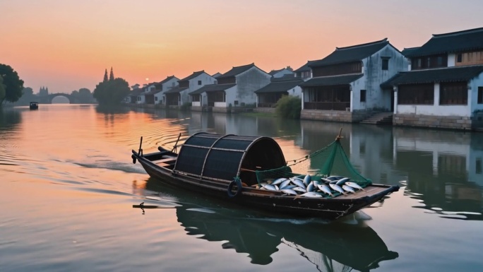 水乡渔翁清晨捕鱼