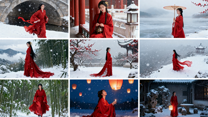 古风美人雪中红裙漫步 红衣汉服女子雪景