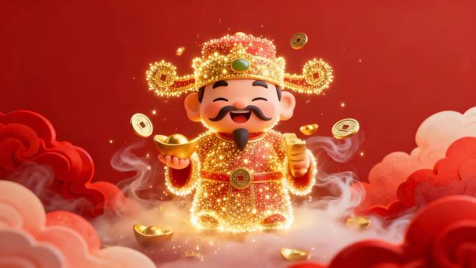 春节喜庆动画素材舞狮财神福字拜年视频