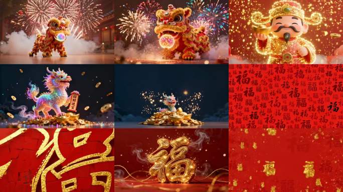 春节喜庆动画素材舞狮财神福字拜年视频