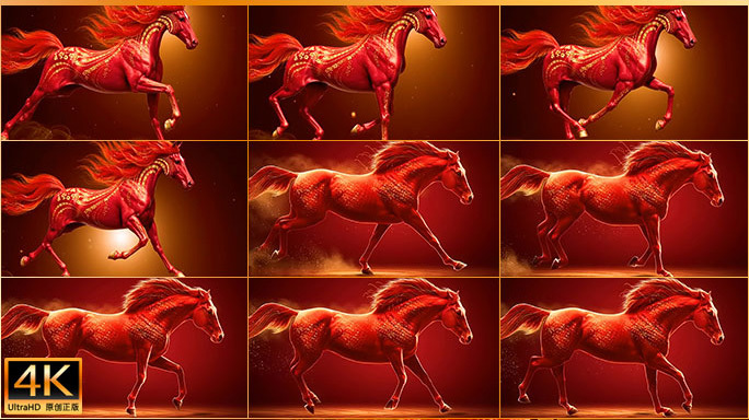 红色骏马奔跑升格慢动作动画 中国红马奔腾