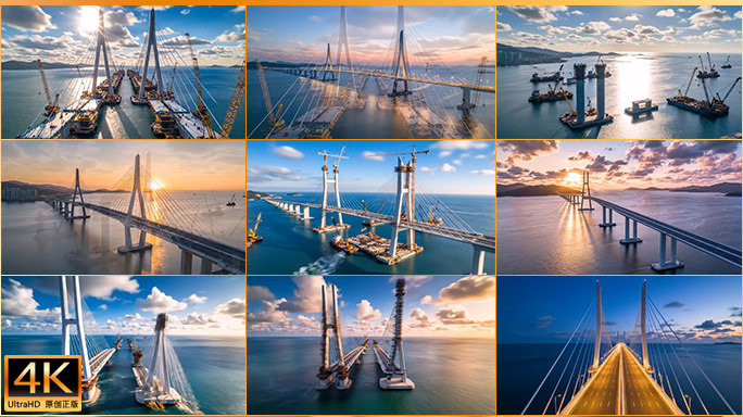 宏伟跨海桥梁工程 大桥建设生长动画斜拉桥