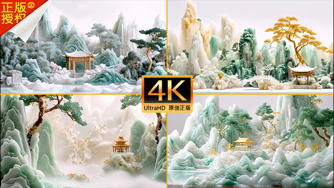 翡翠山水玉雕动画中式高端鎏金玉石山水背景