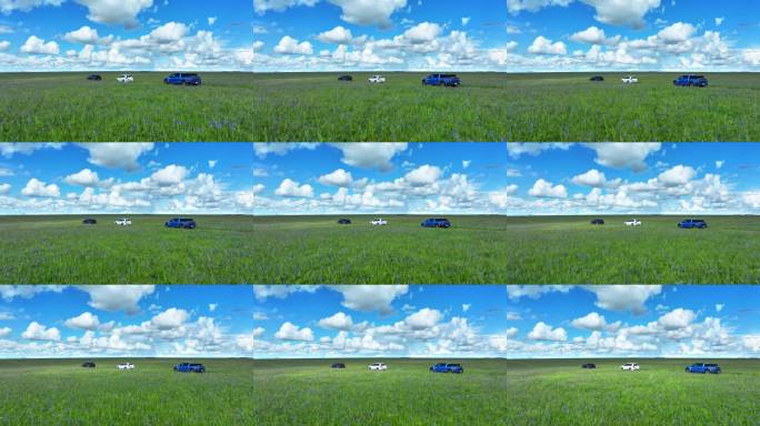 绿色草原上的车队穿行（呼伦贝尔大草原）