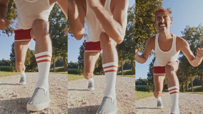 有趣的中年白人男性复古运动员准备以充满热情的能量奔跑。