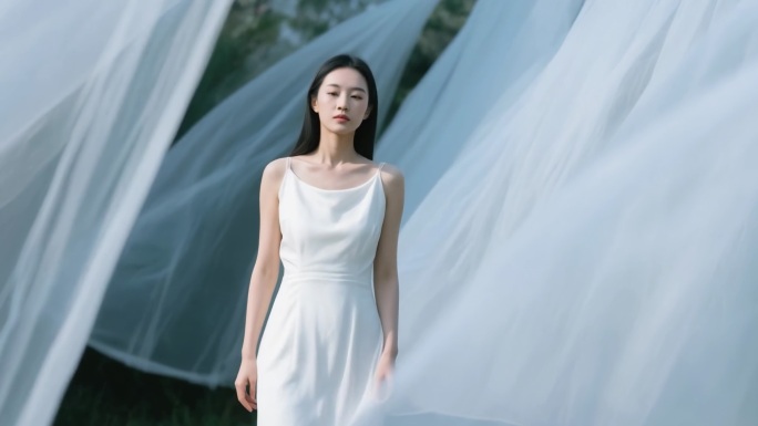 森林中灵动的白色身影白裙女子与飘逸纱幔