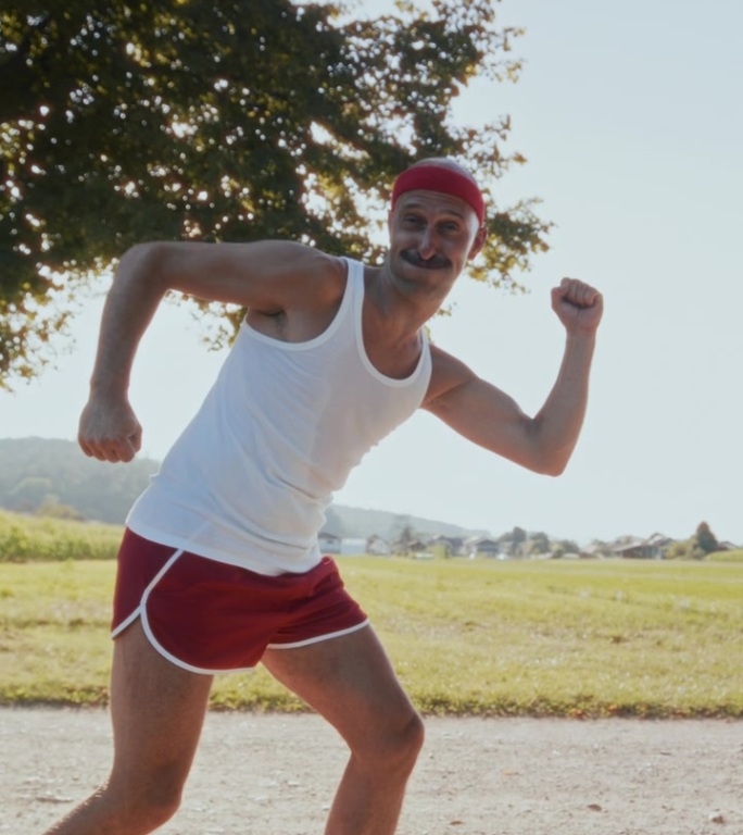 搞笑的白人男性复古跑者，带着胡子和头带，准备开始一场有趣的比赛。
