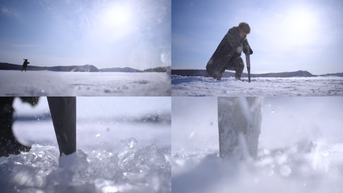 冰面凿冰捕鱼场景凿冰赫哲族冬季湖面垂钓
