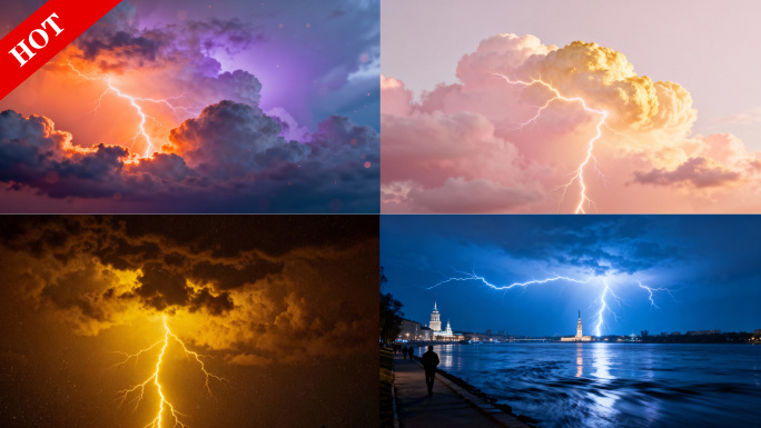 唯美夜空彩色闪电雷霆电击雷暴风暴划破夜空