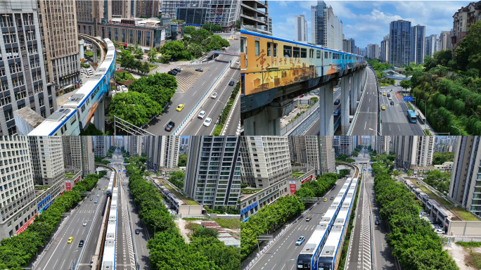 航拍重庆单轨列车3号线蓝天白云高清素材