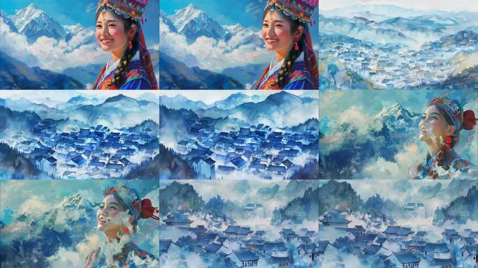 雪山古城与少数民族少女