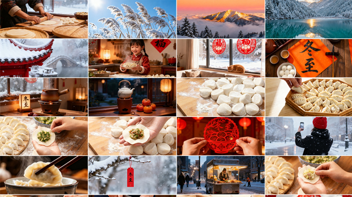冬至节气 唯美冬日雪景 包饺子 节日氛围