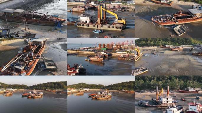 「航拍」广西北海落日残阳和搁浅的海船