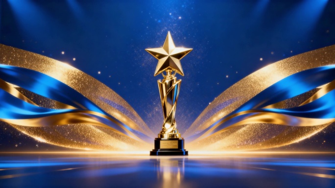 金色奖杯颁奖舞台背景 蓝色星光璀璨颁奖