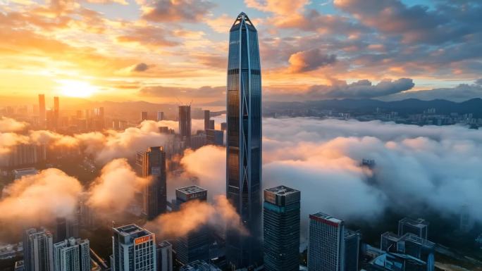 云海日出中的摩天大楼
