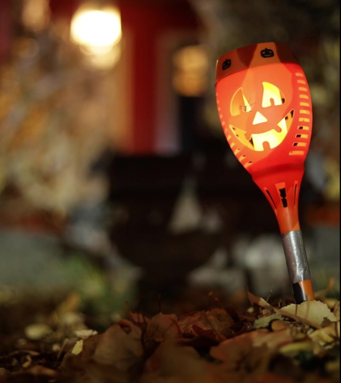 南瓜灯在夜晚的秋叶床上闪烁。