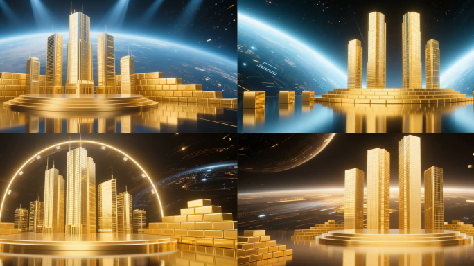 金色城市科幻舞台背景