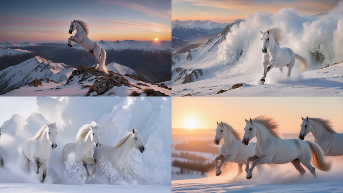 马奔跑骏马奔驰马群奔跑雪山白马踏雪奔腾