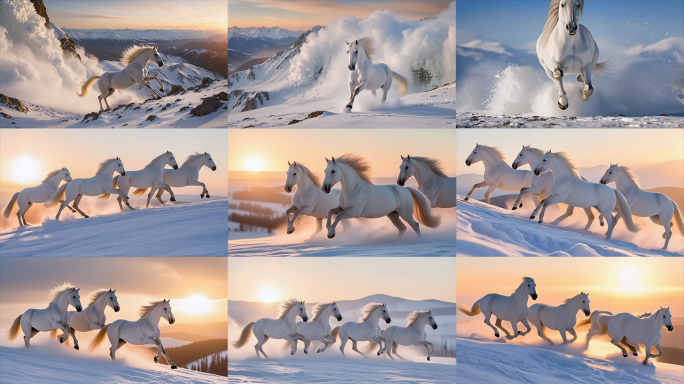 马奔跑骏马奔驰马群奔跑雪山白马踏雪奔腾