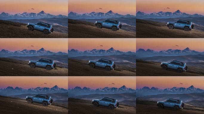 越野车山地日落场景
