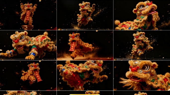 4k金狮贺岁喜庆舞狮春节素材