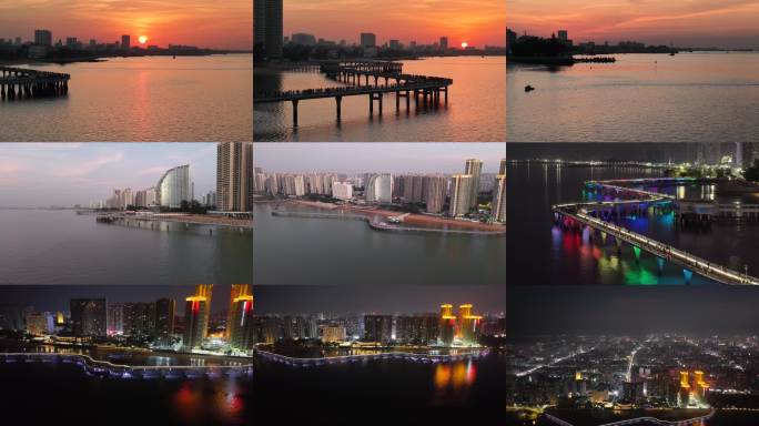 「航拍」北海黄金北岸海上观光栈道晚霞夜景