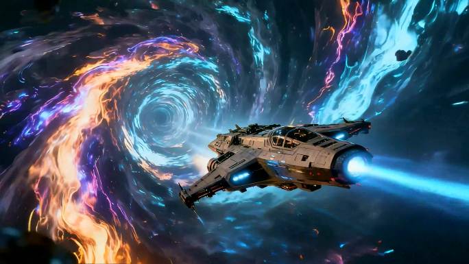 星际飞船穿越星云漩涡 科幻战舰超光速飞行