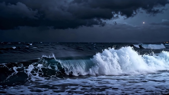 月夜海浪涌动画面 月光下的海浪拍打