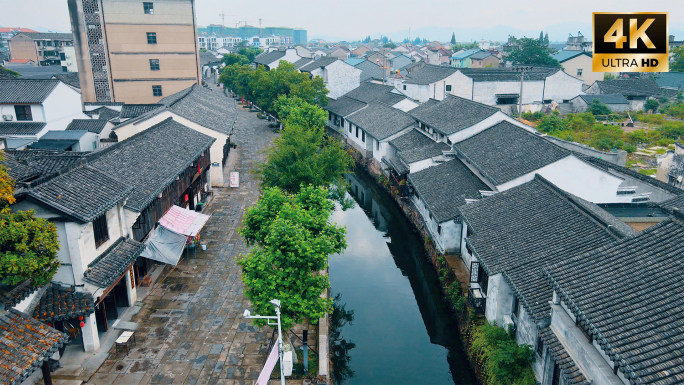 江南水乡古镇风光航拍小桥流水乌篷船老店
