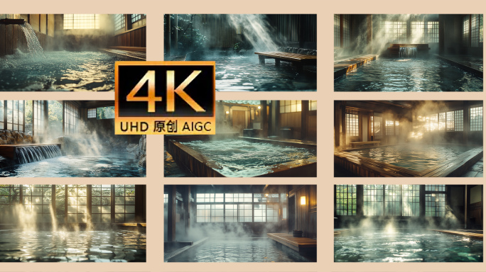 日式温泉雾气缭绕 温泉池阳光流水景观