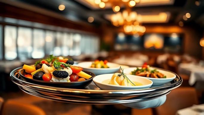 餐厅服务员上菜特写