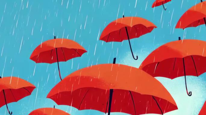 雨中红伞漂浮在蓝色天空
