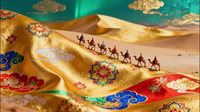 金色绸缎上的骆驼商队