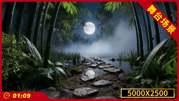 夜晚梦幻唯美月亮下森林竹林小路舞台场景