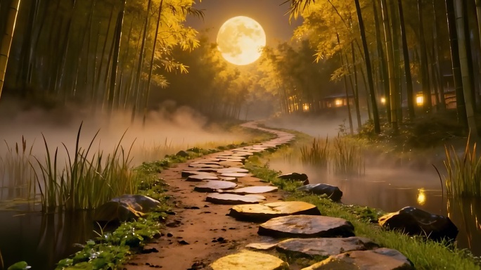 夜晚竹林森林唯美月亮穿梭梦幻童话树林背景