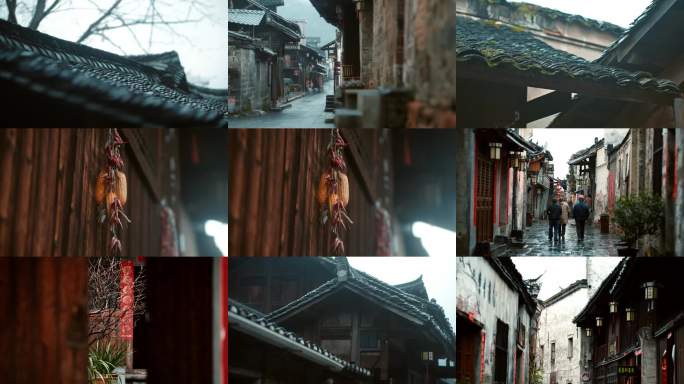 明清古镇雨中的灰瓦青砖幽静小巷