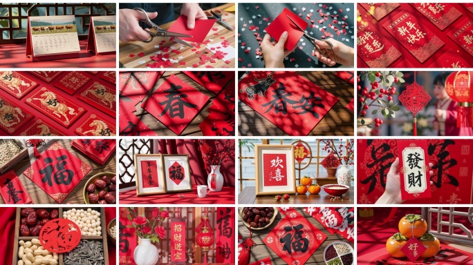 春节喜庆元素新年快乐福字红包剪纸春联素材