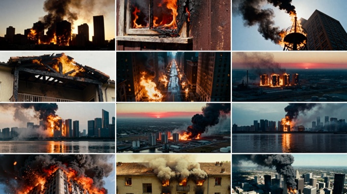 4k城市建筑火灾熊熊大火现场画面