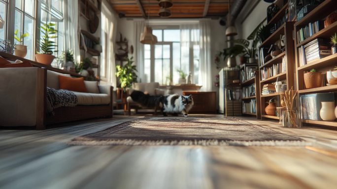 监控视角猫咪行走阳光书房猫咪漫步