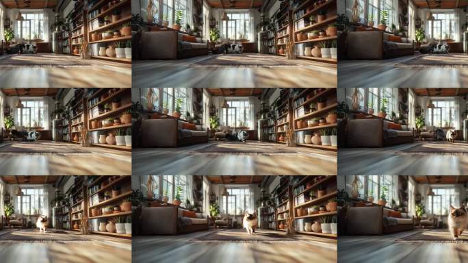 监控视角猫咪行走阳光书房猫咪漫步