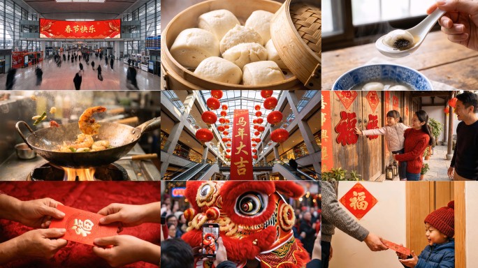 过年春节中国年除夕新年马年团圆贴春联福字