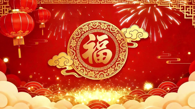 【循环】喜庆烟花福字灯笼春节背景