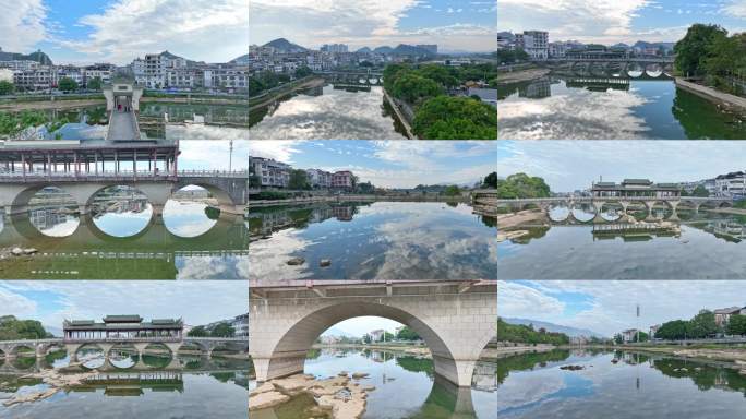 航拍富川风雨桥山水倒影古城风貌风