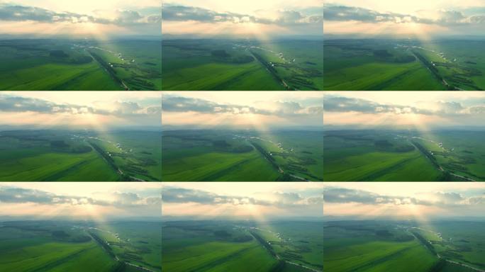 航拍黎明的田野丁达尔光