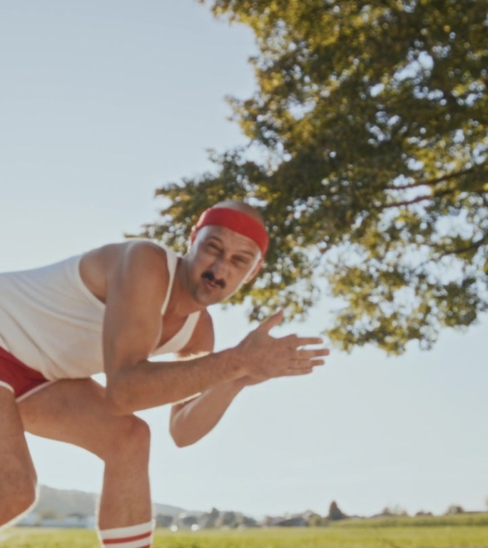 搞笑的白人男性复古运动员准备起跑并迅速奔跑。