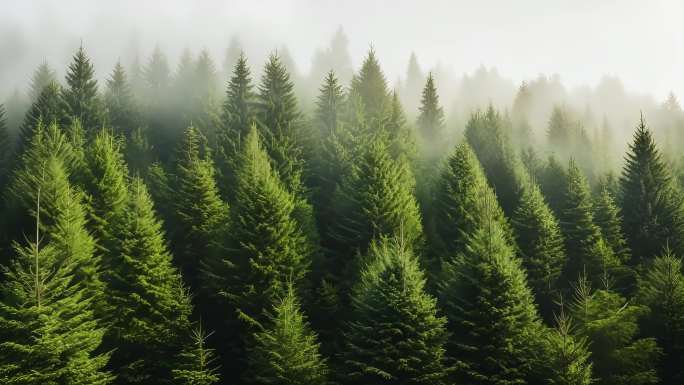 晨雾中的绿色松树林
