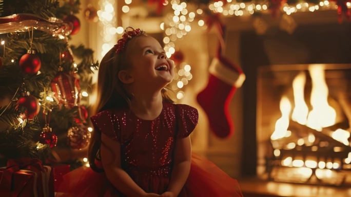 圣诞节圣诞树圣诞礼物女孩冬季雪景一镜到底