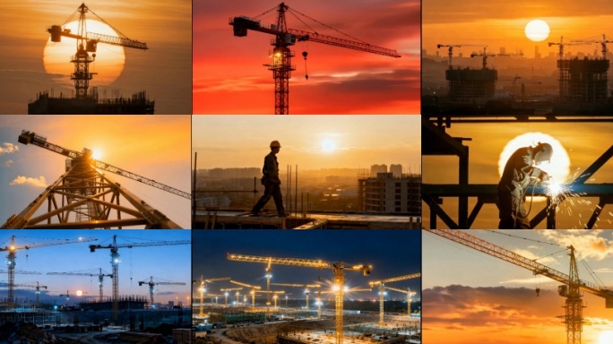城市建设工地夕阳延时日落剪影摄影塔吊延时