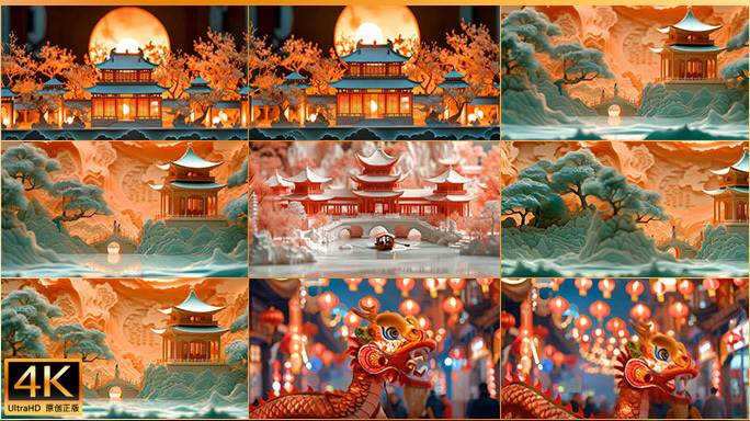 国潮古风建筑动画 三维年味立体中国风背景