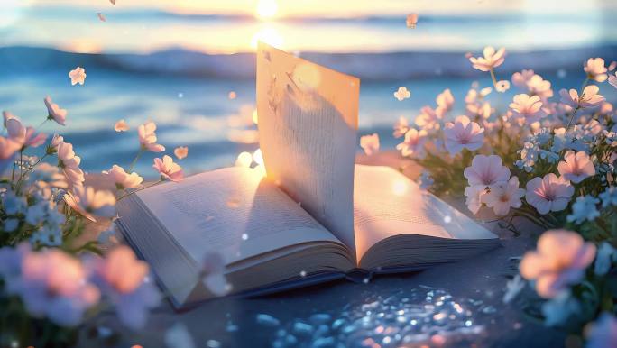 海上漂浮书本与鲜花梦幻书阅读背景舞蹈背景